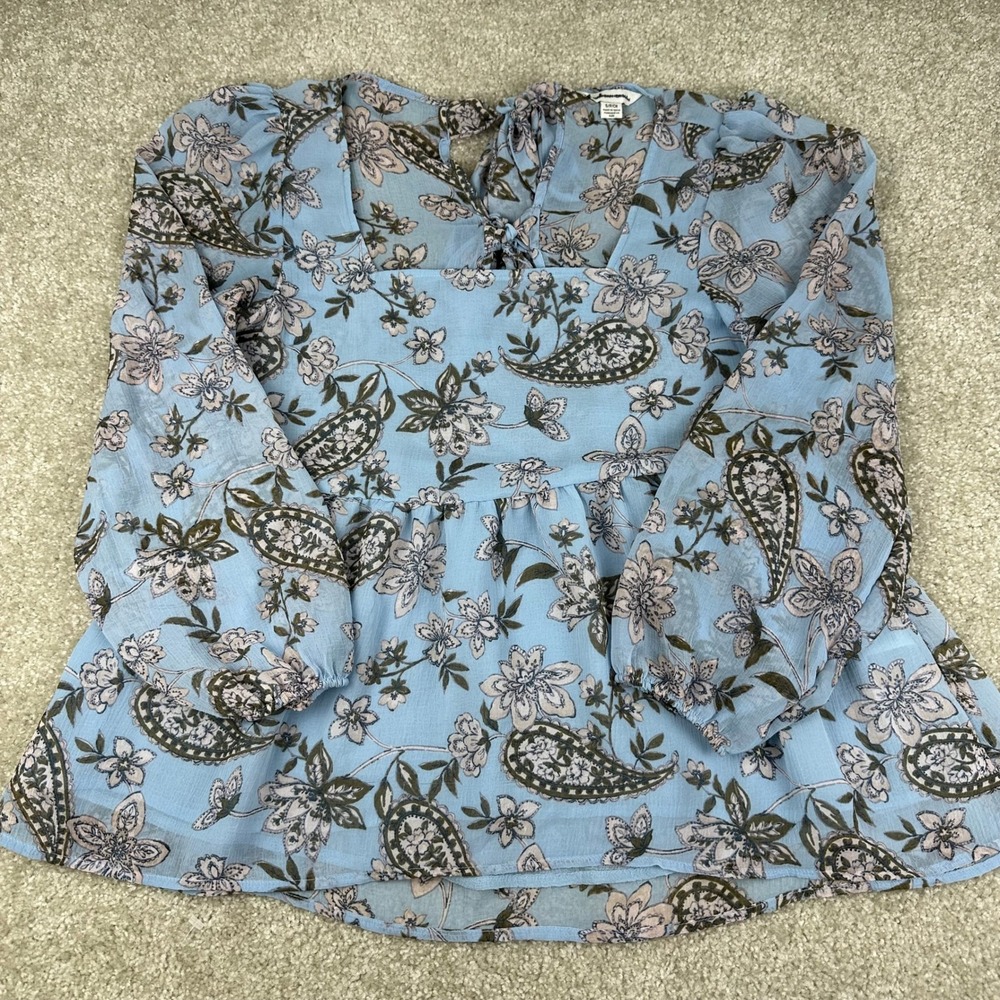 American Eagle Blue Paisley Floral Peplum Top Small Boho Chiffon Babydoll Blouse